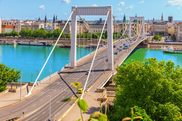 Panorama of Elisabeth Bridge over turquoise Danube River in Budapest, Hungary