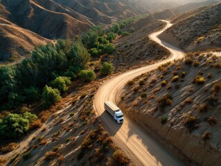 Tranquil mountain passage with a sturdy white truck on winding dirt road.