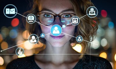 Woman interacting with a digital network overlay - Powered by Adobe