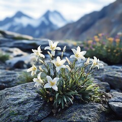 Alpine white lilies blooming between mountain rocks in spring high resolution picture
