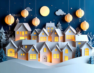 Obraz premium Whimsical Papercraft Winter Village at Night with Illuminated Houses and Lanterns