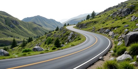 Scenic Route. Winding Road Curves Through Hills. Greenery Flourishes. A Picturesque Landscape Offering Serenity. The Road Invites Exploration. A Destination Awaits.