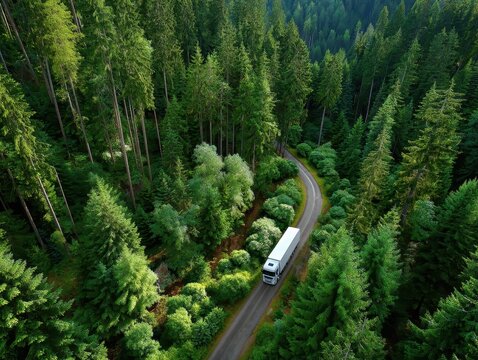 Vibrant forest journey with a sleek white truck on winding paved road.
