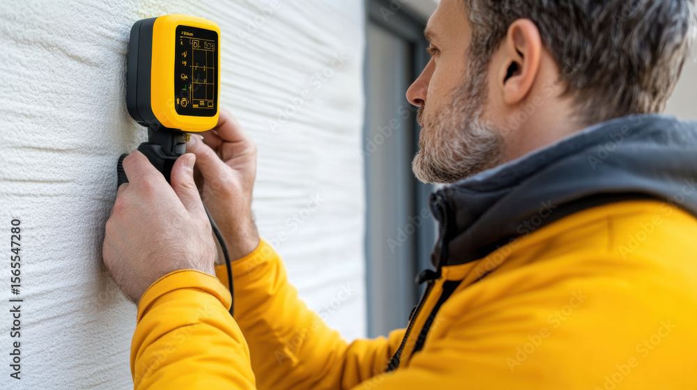 Poster man using a thermal scanner to check insulation quality in a house.