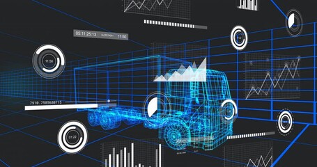At start, wireframe truck showing rotating gauges, expanding pie and shifting charts tracking data - Powered by Adobe