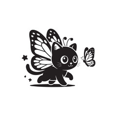 Obraz premium A cute black cat with butterfly wings flies near a butterfly, isolated on white background