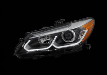 Obraz premium Projector Car Headlight on Black Background – Angular Design with LED Strip and Amber Turn Signal