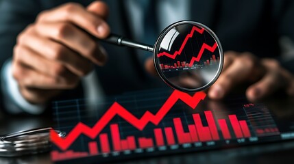 Examining financial growth using a magnifying glass overlaying a rising red photo