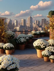 Vibrant rooftop garden with blooming daisies and stunning city skyline.