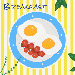 Breakfast menu illustration with fried egg, tomatoes, Vector illustration appetizing breakfast.