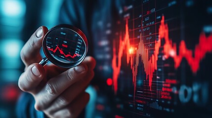 Financial analysis illustration featuring downward trending stock market data and magnifying glass photo