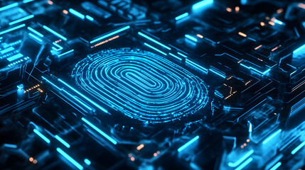 Cybersecurity concept of digital fingerprint authentication on circuit board in blue glowing neon light