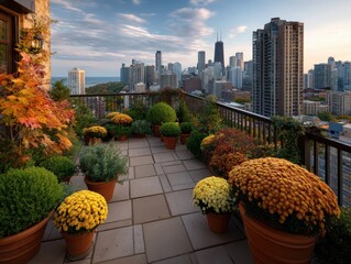 Vibrant rooftop garden with colorful flowers and stunning city skyline.