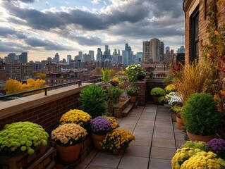 Vibrant rooftop garden with colorful flowers and stunning city skyline.