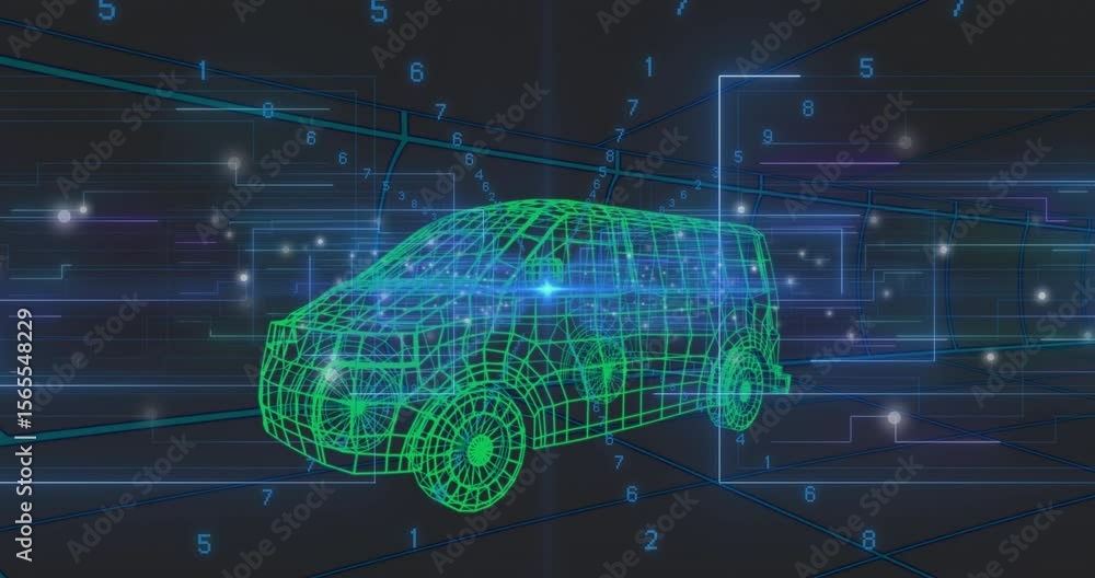 Poster on simulation start green 3d wireframe car highlighting edges and drifting data showing simulation