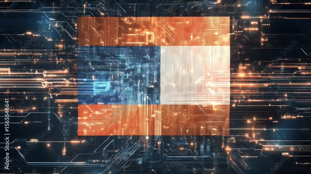 Poster abstract digital art composition featuring a glowing rectangle divided into color fields of blue ora