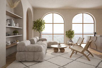 Japandi modern style conceptual interior room 3d illustration