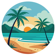 Obraz premium Tropical beach landscape with palm trees ocean waves and sunrise vector illustration