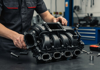 Mechanic Installing Car Engine Intake Manifold in Auto Workshop