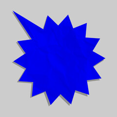 Blue crumpled paper starburst shape vector illustration, textured explosion badge for pop art design, sale banner, label, comic and graphic projects