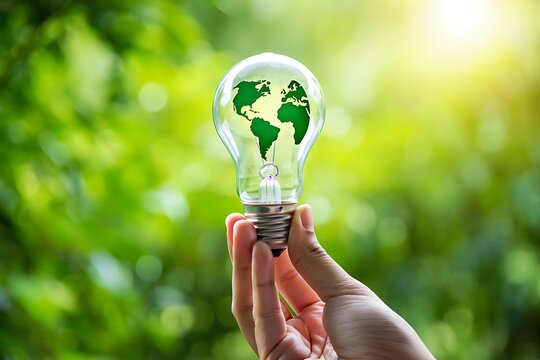 A hand holds a clear light bulb with the earth depicted inside symbolizing environmental protection and sustainable energy against a blurred green natural background