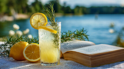 A refreshing lemonade infused with rosemary and lemon is showcased at a picturesque outdoor picnic with a book