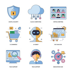 vector icons for robots, artificial intelligence, and the assistance provide in work and security 
