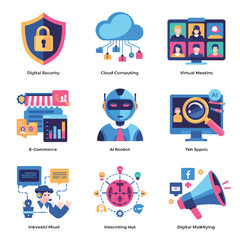 vector icons for robots, artificial intelligence, and the assistance provide in work and security 
