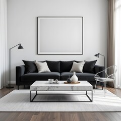 Modern Living Room Interior. Minimalist Design With A Plush Black Sofa. Blank Canvas Art Provides Personalization. Elegant Marble Coffee Table, Bright And Airy Atmosphere.