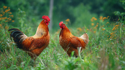 Fototapeta premium A rooster and a hen freely roaming on green grass in a rural countryside setting. 