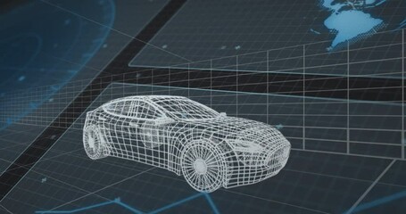 On start white wireframe car model showing side view against grid backdrop for prototype demo - Powered by Adobe
