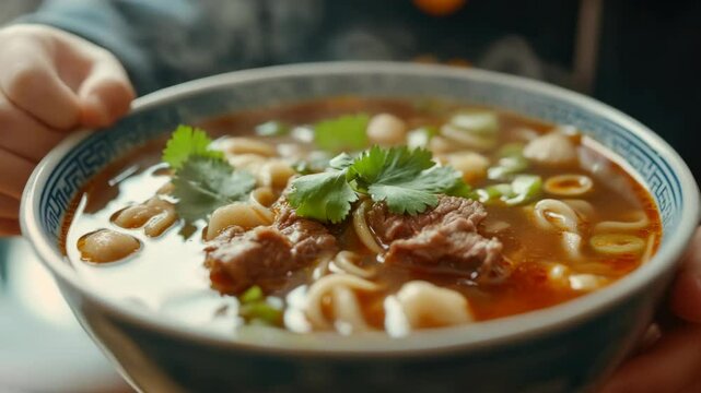 A delicious, spicy soup filled with meat and noodles, served in a bowl.