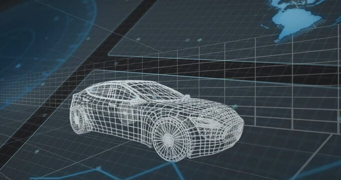 On start white wireframe car model showing side view against grid backdrop for prototype demo