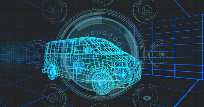 DATA PROTECTION text appearing on blue wireframe van driving HUD rings expanding and icons orbiting