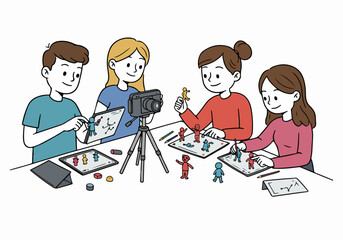 Young people collaboratively creating stop motion animation using figures, tablets, and a camera on a tripod, illustrating creativity and learning.