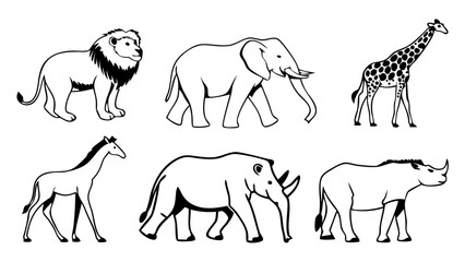 Silhouette Collection of Wild Animals Including Lions, Elephants, Giraffes, and Rhinos in Natural Walking and Standing Poses, Isolated on White Background