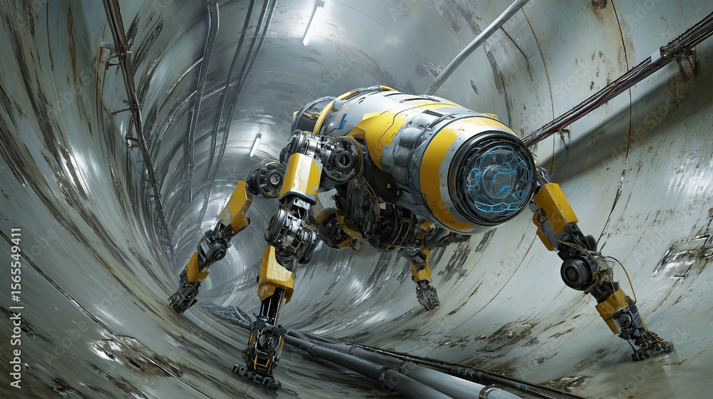 Poster a robot is walking through a tunnel