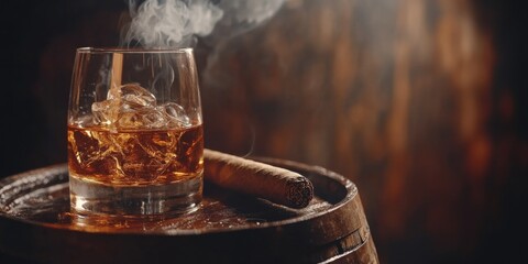 Glass of whiskey with ice on oak barrel and smoking cuban cigar next to it on dark background with free space for text on the right, men's club banner. 