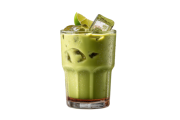 PNG Refreshing iced matcha latte with lime and ice cubes on black background