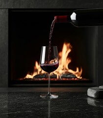Red wine pouring into a glass against a fireplace on a black background. 