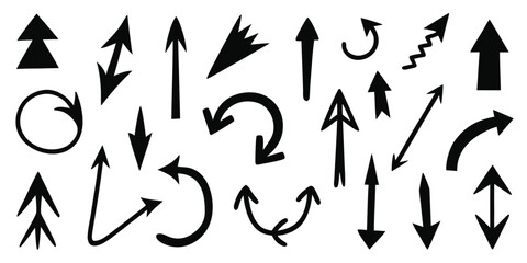 Collection hand drawn arrows. Set simple arrows isolated on white background. Arrow mark icons. 