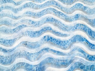 Fototapeta premium Water ripples in light blue and white tones. Pattern of waves in blue pastel tones. Ocean, sea, seashore, top view. Background, banner.