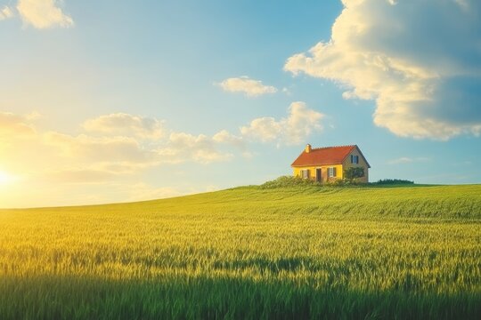 Tuscan landscape with green grass and yellow wheat fields, a house on the hill under a blue sky with clouds at sunset in summer.