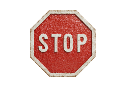 PNG Weathered red stop sign with white text on octagonal shape