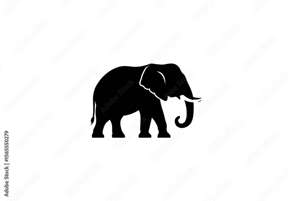 Poster a black silhouette of an elephant with a long trunk on a plain white background in a simple style