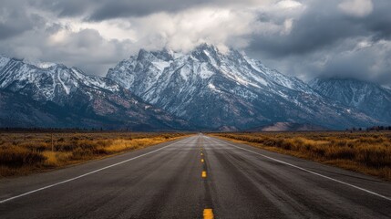Fototapeta premium Vast open road stretching towards majestic mountains under a cloudy sky, capturing the essence of adventure and travel.