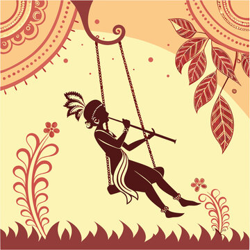 krishna swinging on jhula holding flute art
