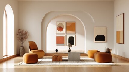 Artist's living room in minimal style with artworks , no logos, no brands