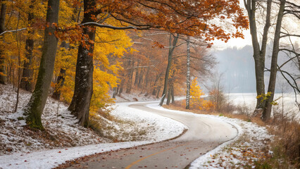 Winter Wonderland Path: Snow-Covered Road Winding Through Autumnal Woods