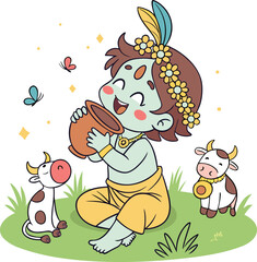 Naklejka premium baby krishna sitting with pot and cute cows